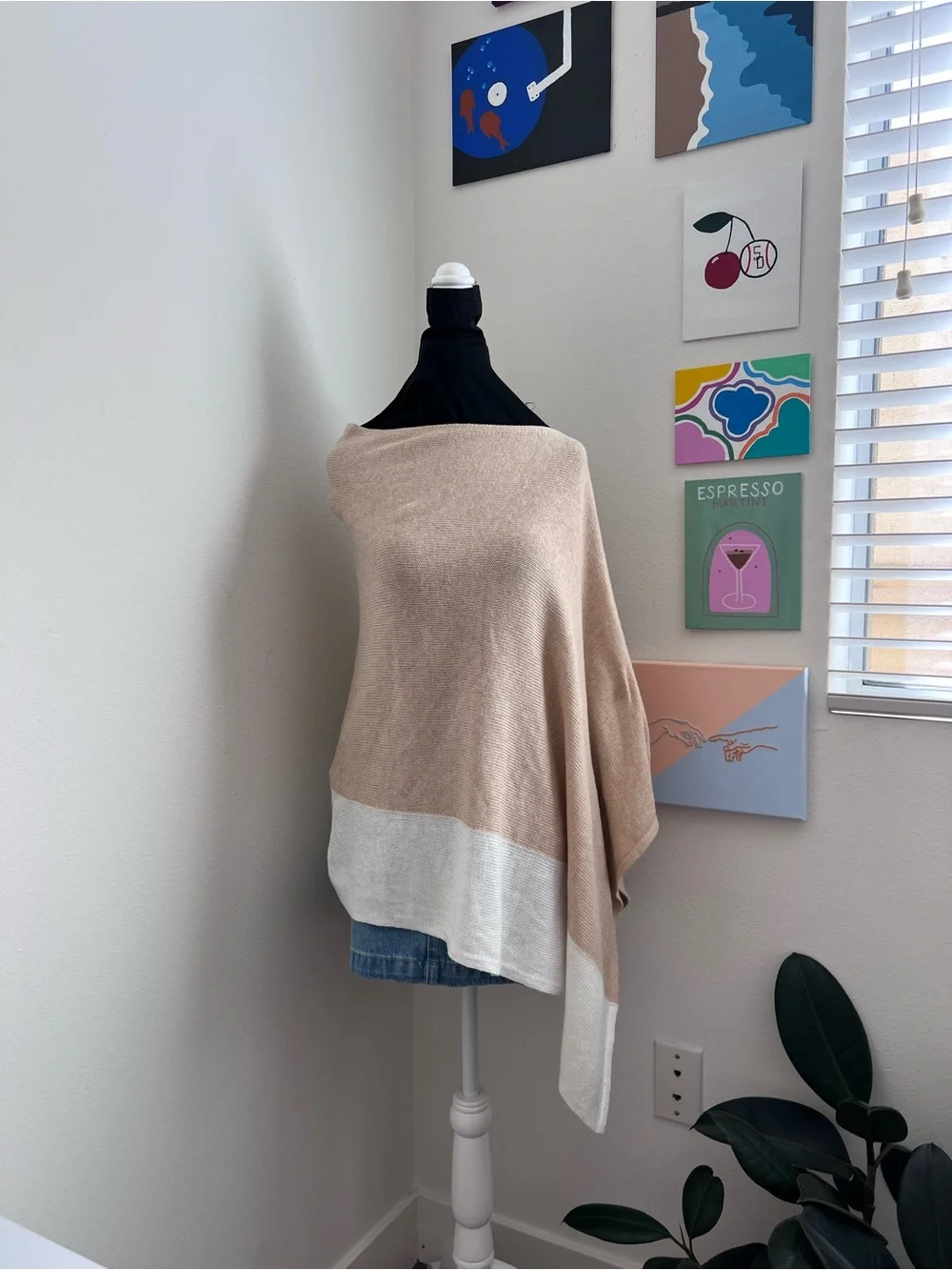 NWT J.Crew Colorblock Knit Poncho Wrap – Beige Ivory Cotton Cashmere Lightweight
